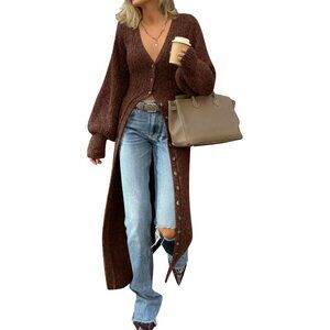 Womens Long Cardigans V Neck Button Down Chunky Knit Dusters Sweater Coat Fall T
